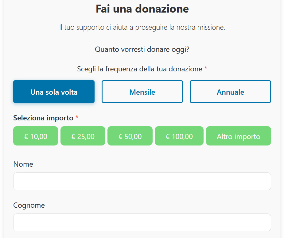 Modulo di donazione di FundCollector, con scelta della frequenza e dell'importo